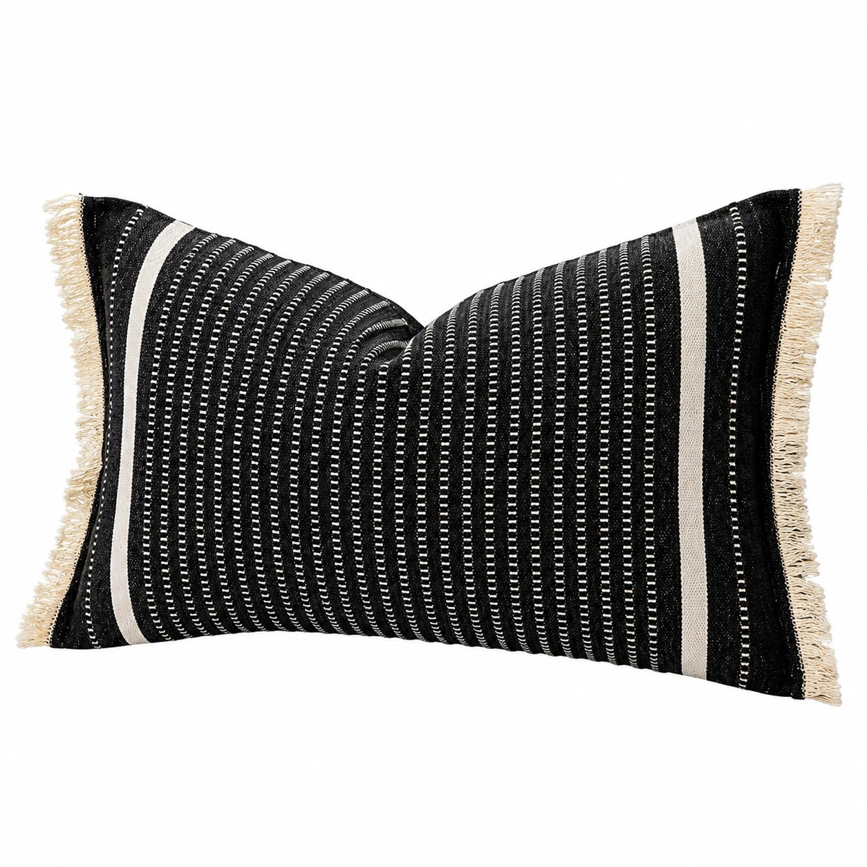 Dekokissen 50 x 30 cm Schwarz Beige Webstoff mit Fransen