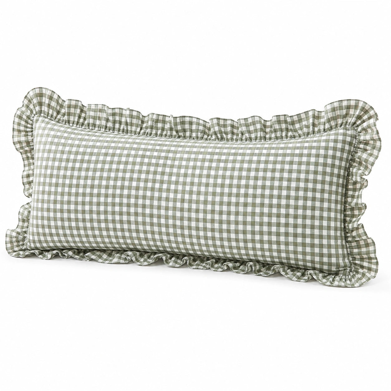 Dekokissen 60 x 30 cm Stoff Grün Weiß kariert mit Rüschen