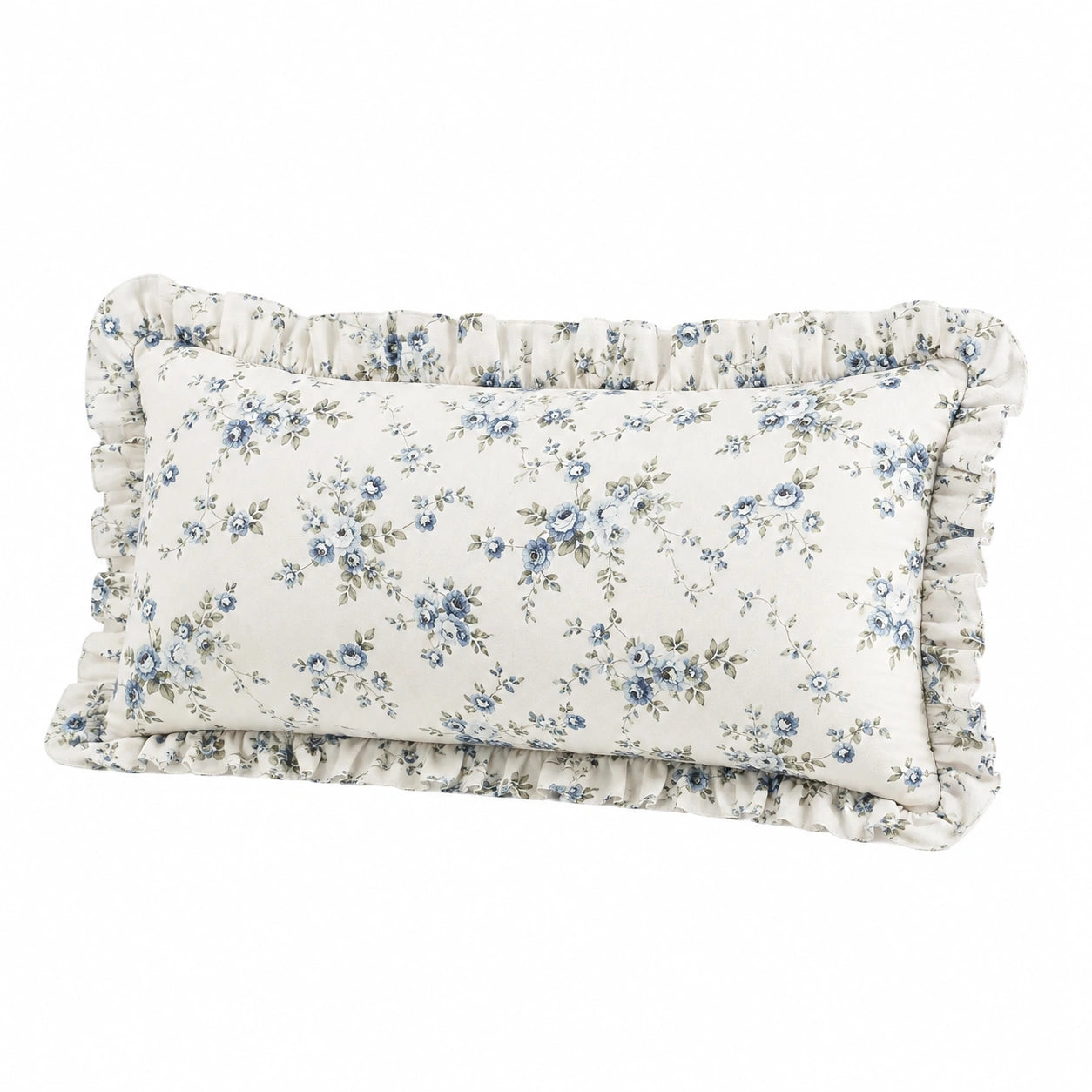Zierkissen 50 x 30 cm Textil Creme Blau mit Blumenmuster und Rüschen
