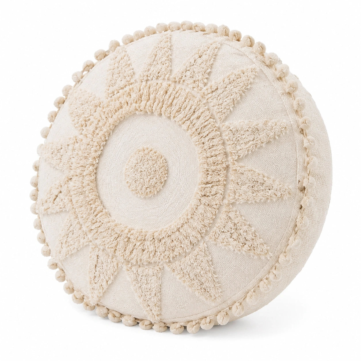 Rundes Zierkissen 45 cm aus Baumwolltextil in Creme mit Sonnenmuster